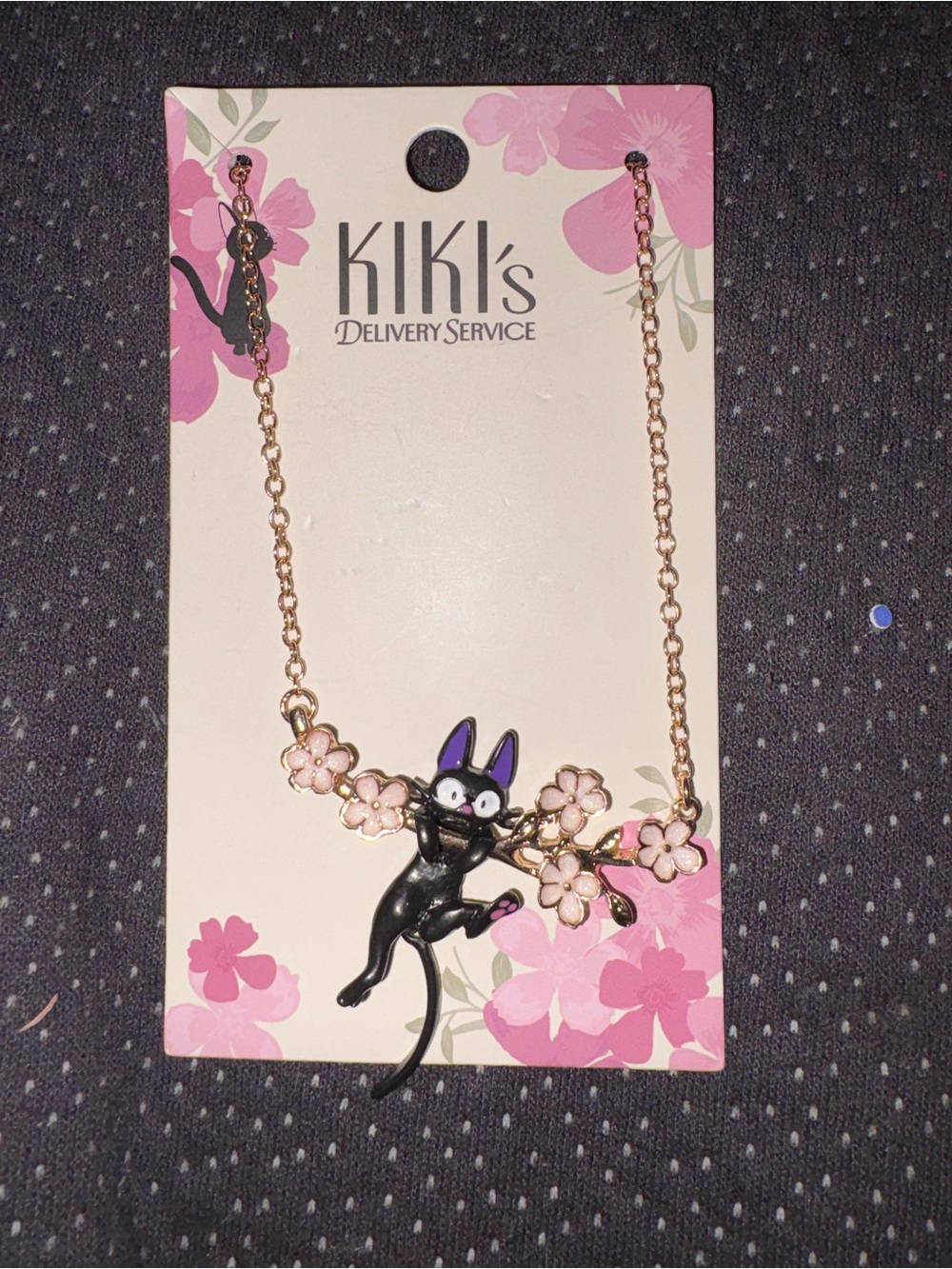 Kiki's Delivery Service Black Cat Pendant Necklace - Pink Floral Accents